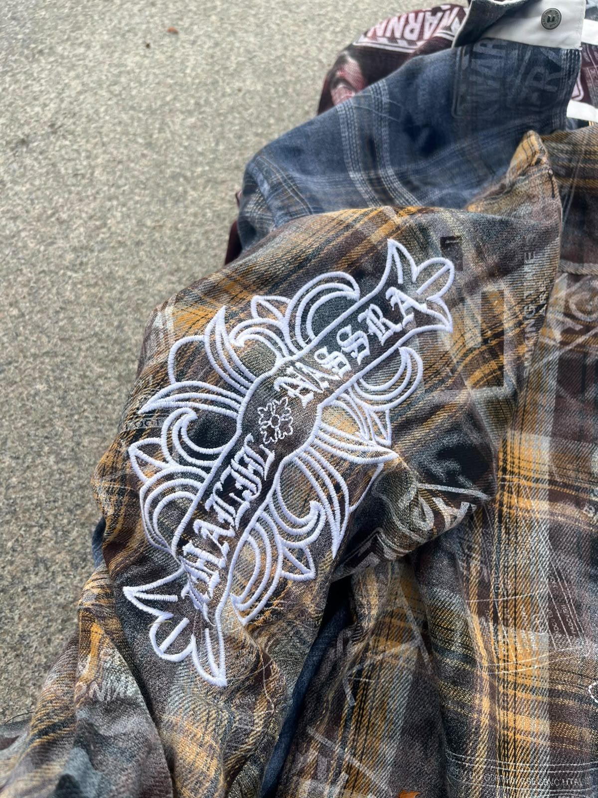 Sleeve Graphic Embroidered Plaid Shacket (Macro View)